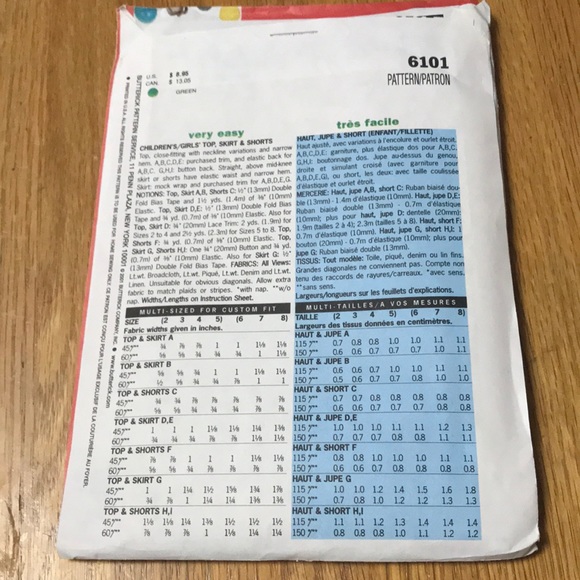 Uncut Vintage sewing pattern Butterick 6101 girls top skirt and shorts - Picture 4 of 4